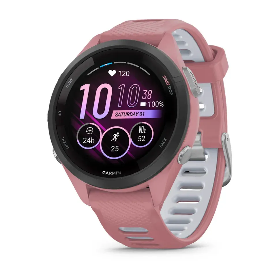 Garmin Forerunner 265S Pink Must korpus koos heleroosa korpuse ja heleroosa/suitsuhalli silikoonist kellarihmaga