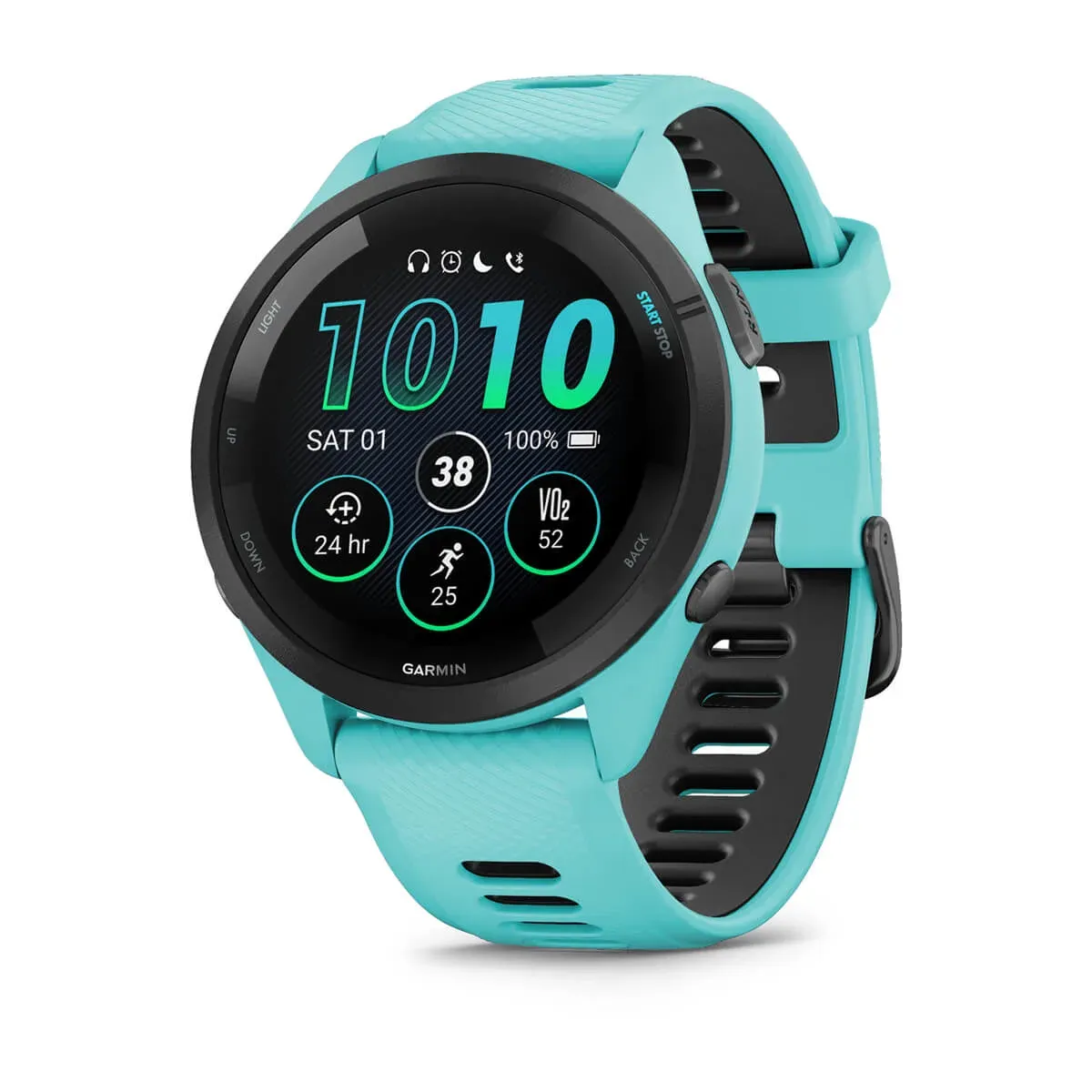 Garmin Forerunner 265 Aqua Must korpus koos vesivärvilise korpuse ja vesivärvilise/musta silikoonist käerihmaga.