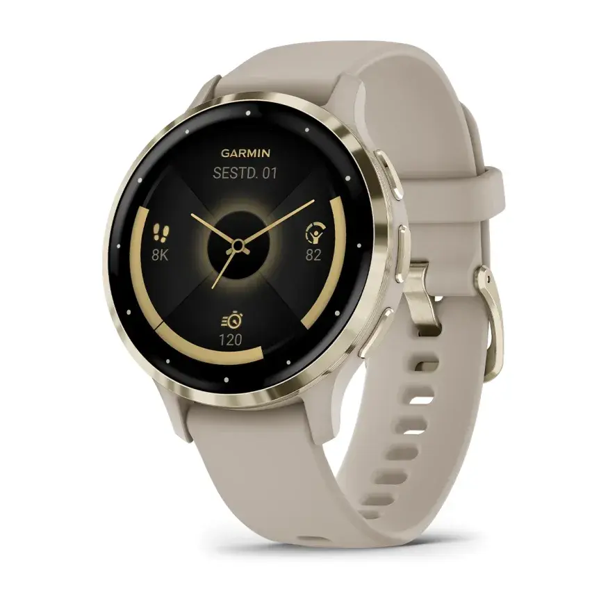 Garmin Venu 3S French Gray Soft Gold Kuldne kuldne roostevabast terasest korpus prantsuse halli korpuse ja silikoonist kellarihmaga