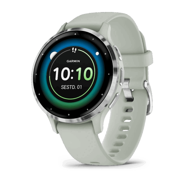 Garmin Venu 3S Sage Gray Passivated Hõbedast roostevabast terasest korpus, roheline-hall korpus ja silikoonist käterihm