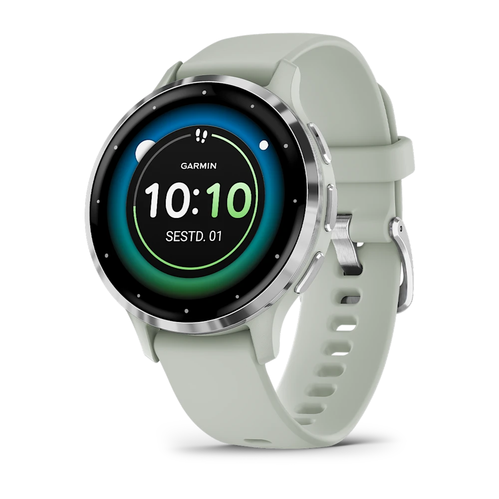 Garmin Venu 3S Sage Gray Passivated Hõbedast roostevabast terasest korpus, roheline-hall korpus ja silikoonist käterihm
