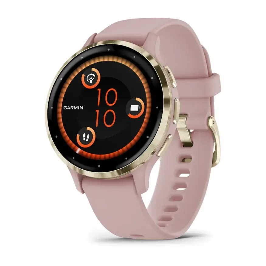 Garmin Venu 3S Pink Dawn Soft Gold Pehme kuldne roostevabast terasest korpus suitsuroosa korpuse ja silikoonist käerihmaga