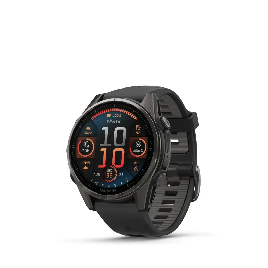 Garmin Fenix 8 AMOLED Sapphire Carbon Gray Black 43mm Söehall DLC titaankate musta rihmaga 43mm