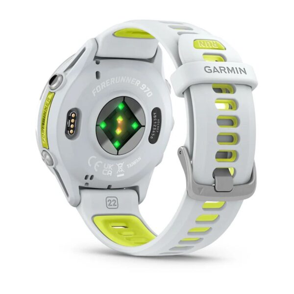 Garmin Forerunner 970 Whitestone Yellow Titaanist valge kiviring ja valge kivi/läbipaistev võimendi kollane rihm