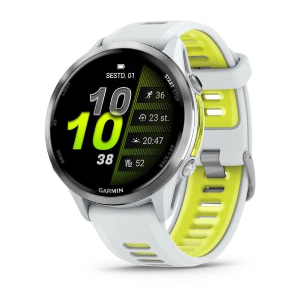 Garmin Forerunner 970 Whitestone Yellow Titaanist valge kiviring ja valge kivi/läbipaistev võimendi kollane rihm