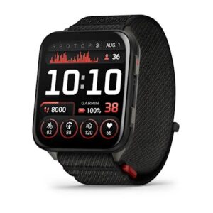 Garmin Venu X1 Black Slate Must, titaanist sinihalli tagakattega ja musta ComfortFit nailonrihmaga.